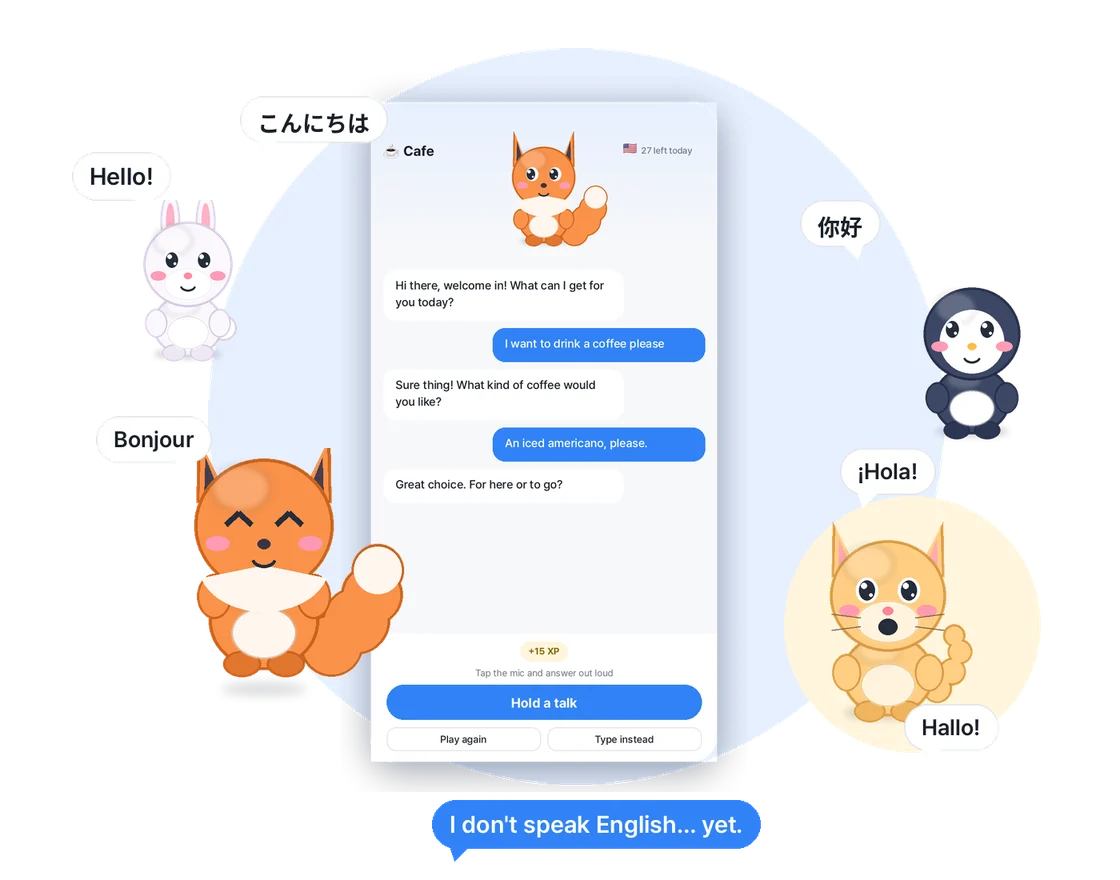 idontspeak: animal buddies greeting in six languages around a chat screen
